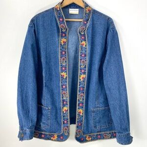 Alfred Dunner Floral Embroidery Open Front Denim Chore Coat Jean Jacket 24 26 3X
